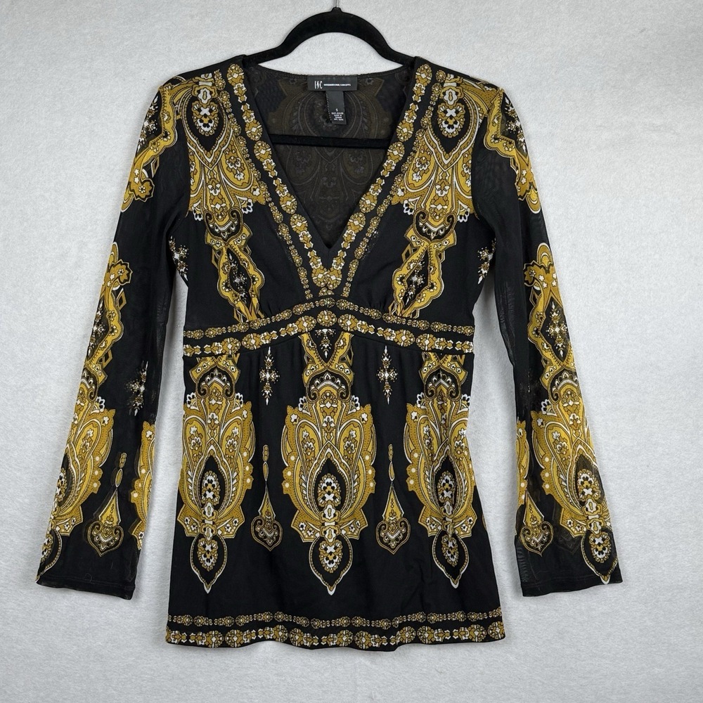 INC Long Sleeve Black/Yellow Boho Sheer Mesh Whimsigoth Y2K Babydoll‎ Top Sz S